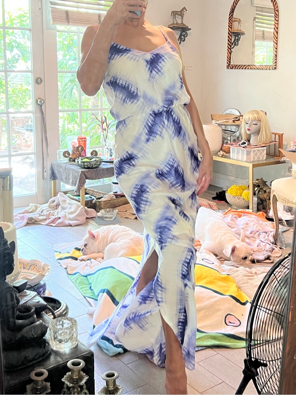 Vince Camuto White and Blue Tie-Dye Spaghetti Strap Maxi Dress nwot!